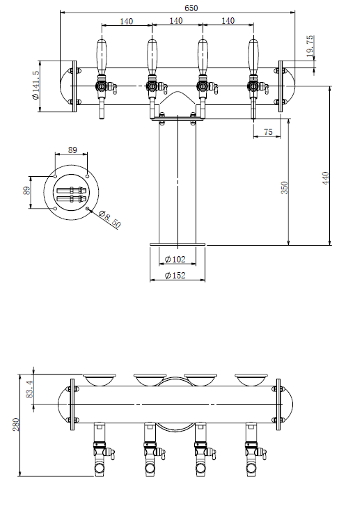 BDT CT4V dimensions - BDT-CT4V : Beverage dispense tower Classic-T 4-valves - ttt
