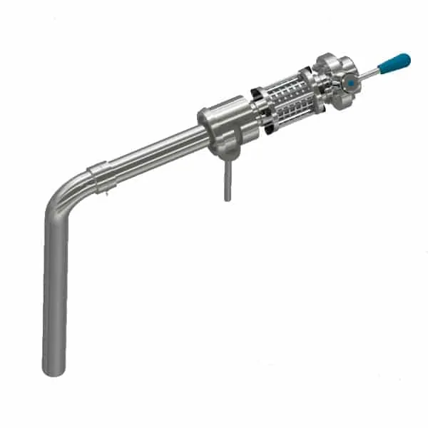 Adjustable rotary arm for discharging of products from cylindrical-conical tanks above the level of yeast