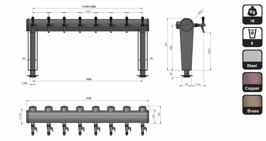 BDT-GT18N : Beverage dispense tower “Beer Gate” 8 taps - dimensions