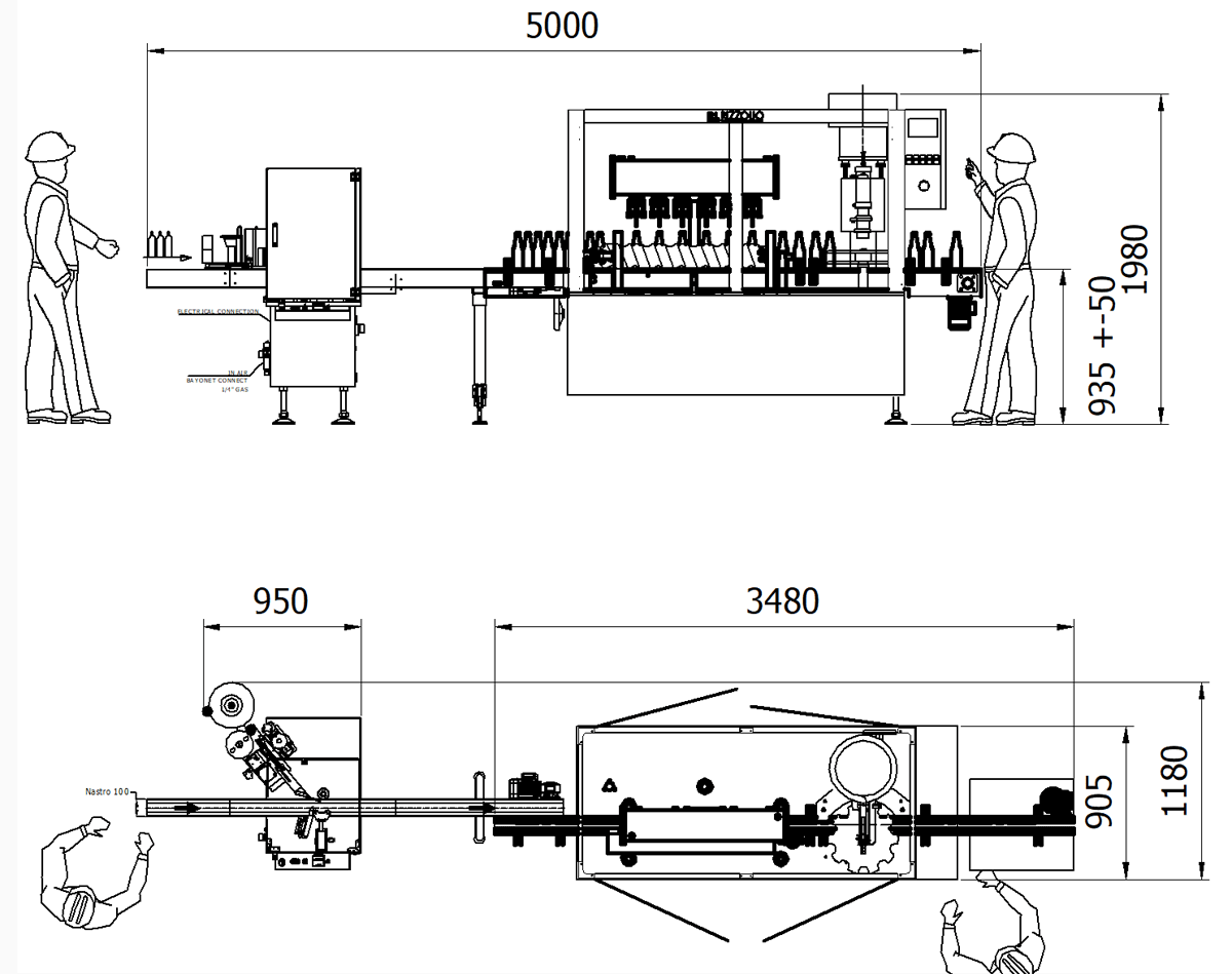 BFA-MB061 Layout and dimensions of the bottling line with the labelling unit