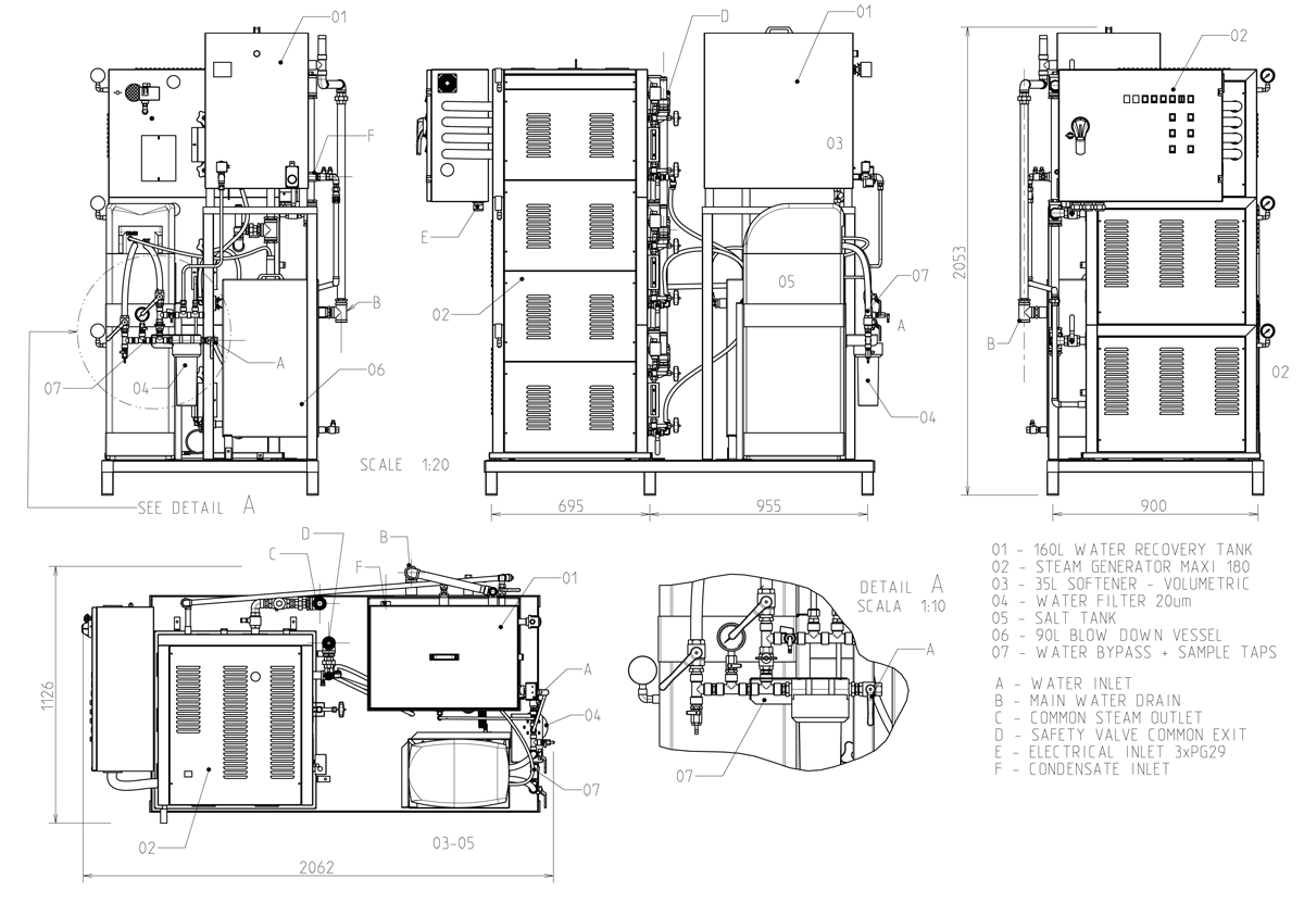 Electric steam generator GHIDINI MAXI-180 - the skid version - dimensions