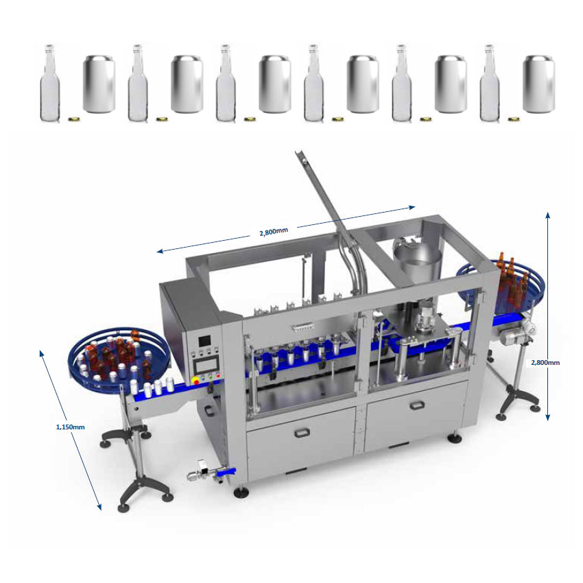 Automatic counterpressure filling and capping machine for glass bottles and aluminium cans