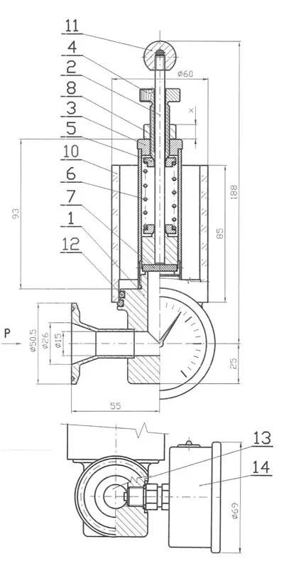 73100015079100 RV1 technical drawing 400x800 - MTS-RV1-DN25TC : Spunding adjustable pressure relief valve with manometer and air-lock for fermenters - cm-rvm, rvm, mts-rvm, paa, fal