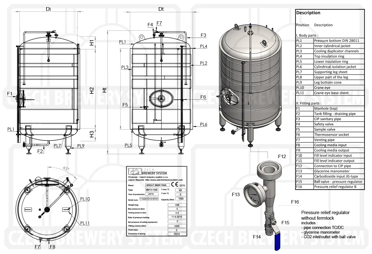 円筒形貯蔵タンク、垂直型、断熱型1500 / 1717 L