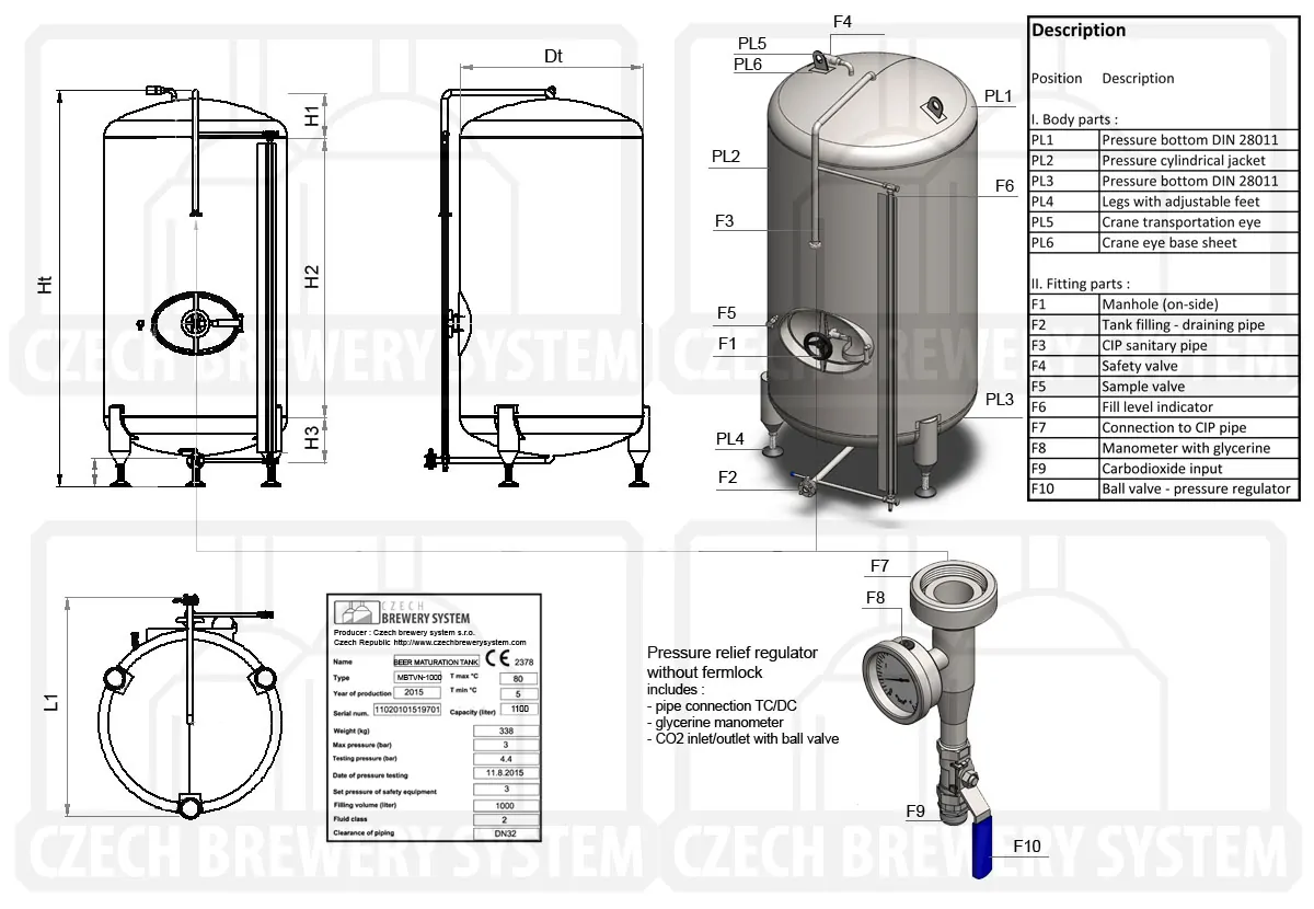 BBTVN 2000 2015 description en - BBTVN-750C : Cylindrical pressure tank for storage and final conditioning of carbonated beverage before bottling, vertical, non-insulated, 750/869L, 0.5/1.5/3.0bar - brite-tanks, vertical-non-insulated-bright-beer-tanks