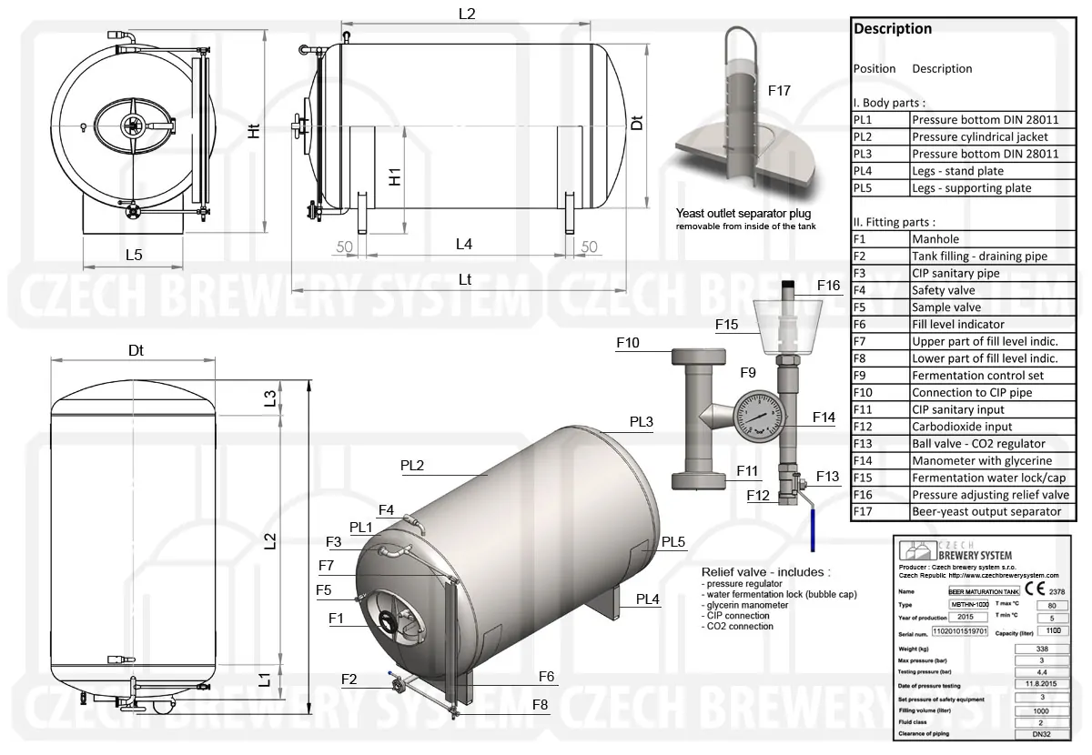 MBTHN 1200 2015 description en - MBTHN-7000C : Cylindrical pressure tank for the secondary fermentation of beer or cider (maturation, carbonization), horizontal, non-insulated, 7000/7855L, 0.5/1.5/3.0bar - horizontal-non-insulated