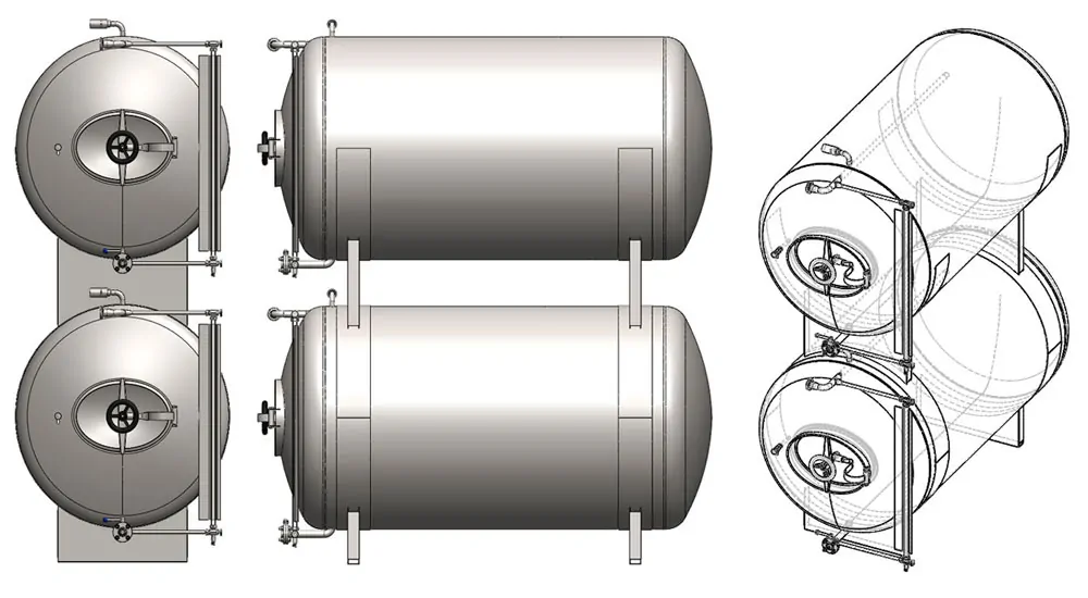 maturation beer tank dualset mbthn 1000x550 03 - MBTHN-7000C : Cylindrical pressure tank for the secondary fermentation of beer or cider (maturation, carbonization), horizontal, non-insulated, 7000/7855L, 0.5/1.5/3.0bar - horizontal-non-insulated